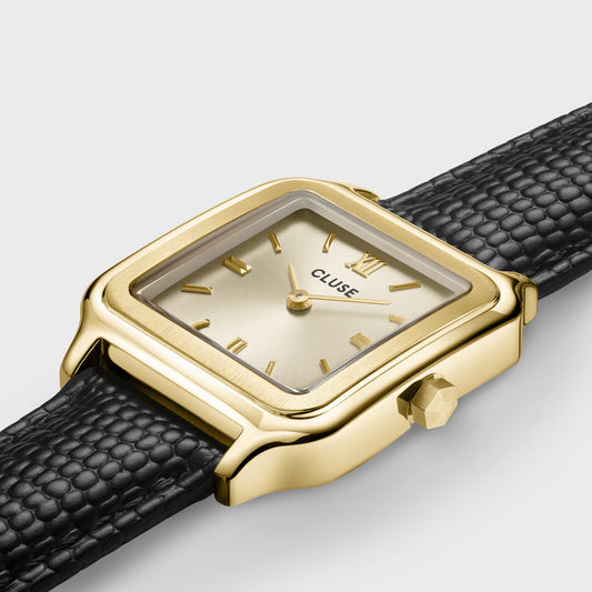 Gracieuse Watch Leather, Black Lizard, Gold Colour