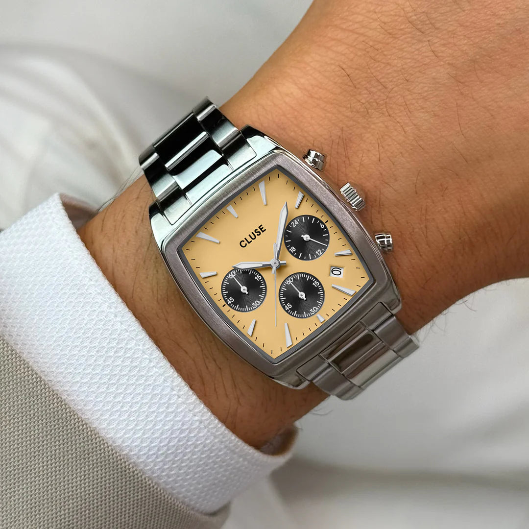 Quartaut Chrono Watch Steel, Yellow and Grey, Silver Colour