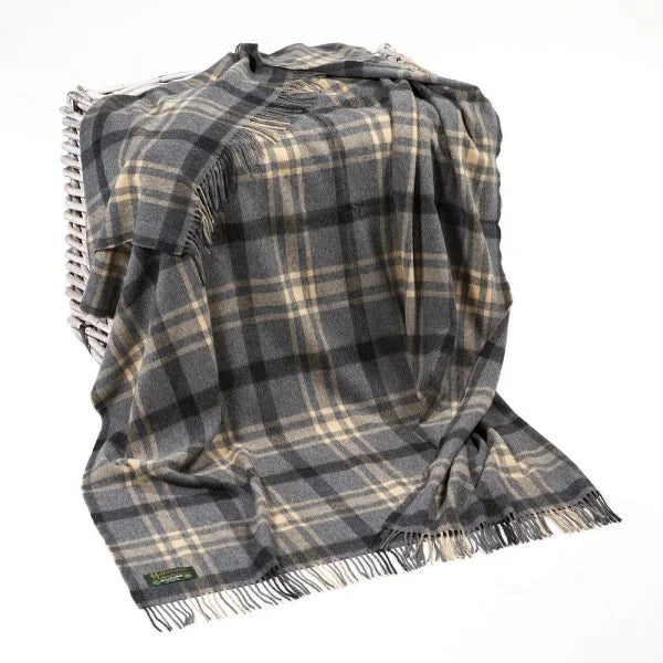 John Hanly Lambswool Throw Grey Beige Check